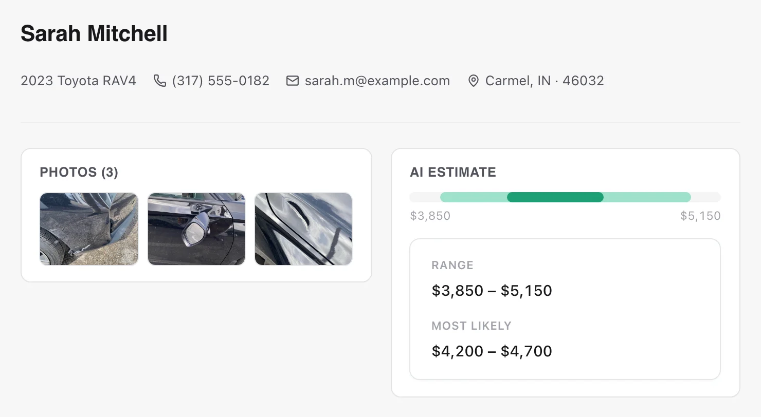 WreckedLeads estimator dashboard: a new lead from Sarah Mitchell, 2023 Toyota RAV4, showing the customer's crash photos and an AI repair estimate of $3,850 to $5,150, ready for the shop to review and call.