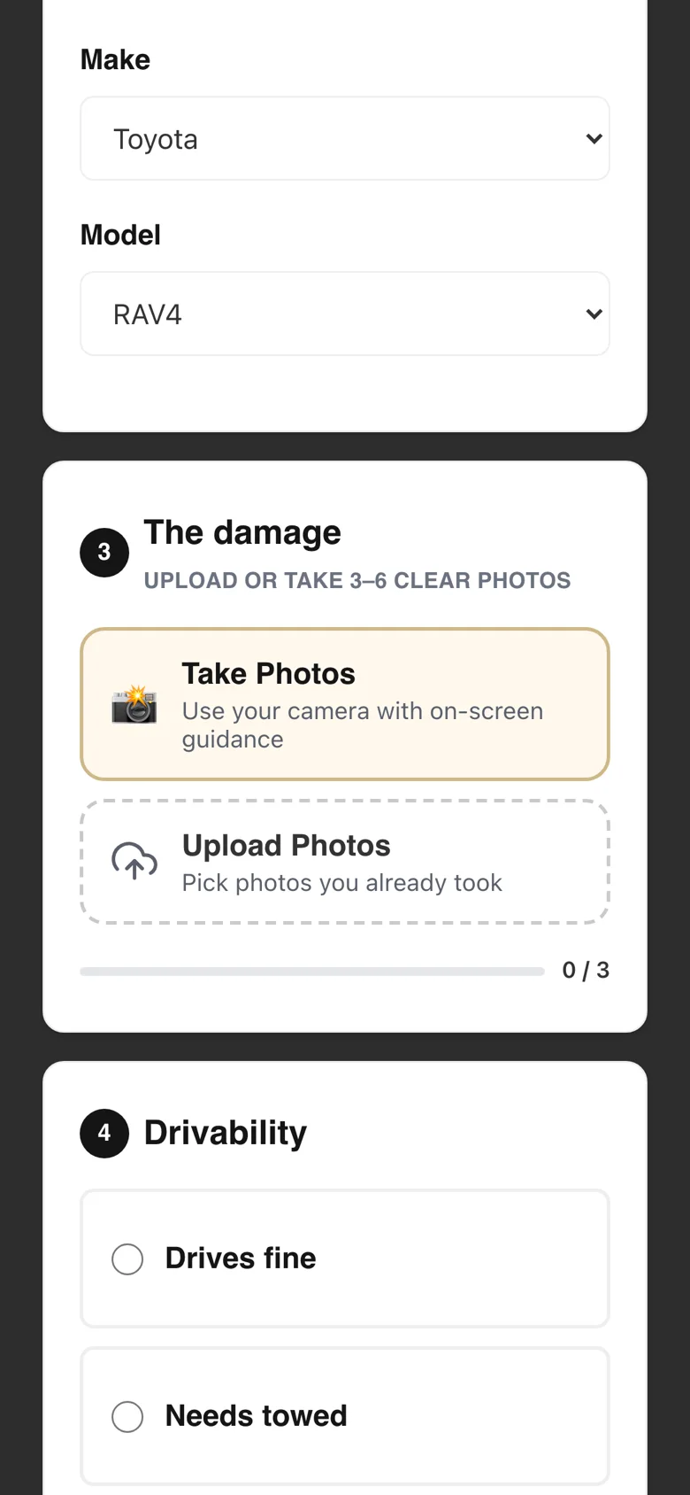 Step two: guided damage photo capture with take or upload options